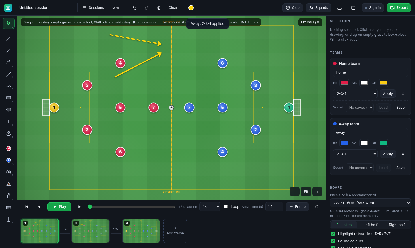 A 7v7 (U9–U10) pitch with FA line colours and the retreat line